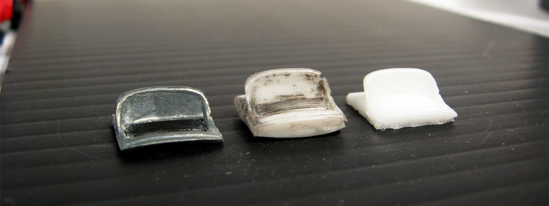 Left to right: Original zamac/plastic, first attempt, second attempt. See that little nick reproduced in all its glory?